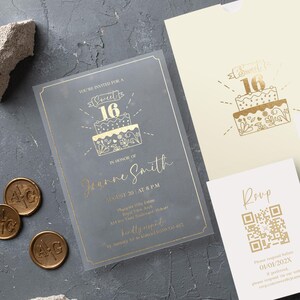 Faire-part d'anniversaire 16 ans, feuille d'or acrylique ou carte imprimée, invitation style coing élégant avec RSVP et carte d'informations, ensemble d'invitation à une fête d'ado
