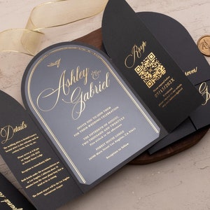 Arch Acrylic Wedding Invitation — Black & Gold Foil Gatefold Jacket