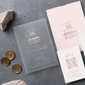 Faire-part Sweet 16 en acrylique rose, feuille d'or en acrylique, faire-part de mariage en acrylique, invitation élégante avec RSVP et carte d'informations, faire-part pour ados