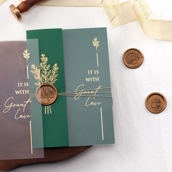 Foiled Acrylic Minimalist Wedding Invitation and Gold Leaf Emerald Green Cover with Monogram Wax Seal and roped | Transparent Invite Card