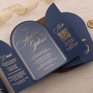 Navy Blue Acrylic Wedding Invitations, Gold Foil Printing, Clear Wedding Invites, Arch Wedding Invite, Gatefold Wedding Invite and RSVP QR