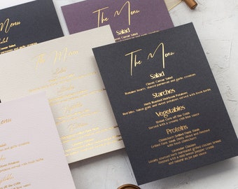 Menù di nozze personalizzato, stampa con lamina d'oro, menù personalizzato per il ricevimento, elegante cancelleria minimalista.
