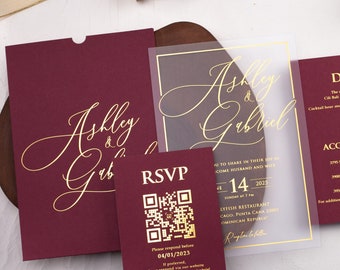 Burgundy Acrylic Wedding Invitation, Set is Optional, Acrylic Invitation with Gold Foil, Elegant Wedding Invite, Acrylic Invite