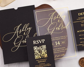 Black Acrylic Wedding Invitation, Acrylic Invitation with Gold Foil, Sleeve Acrylic Wedding Card, Reception Invite Card, Set is Optional