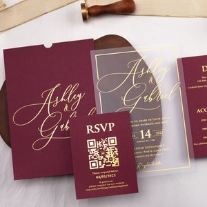 Burgundy Acrylic Wedding Invitation: Gold Foil, Elegant Invite