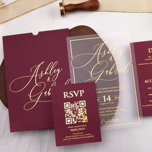 Burgundy Acrylic Wedding Invitation, Set is Optional, Acrylic Invitation with Gold Foil, Elegant Wedding Invite, Acrylic Invite