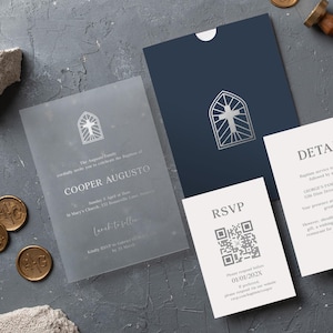 Ensemble d'invitations de baptême - Option acrylique ou papier cartonné avec feuille d'argent | Enveloppe, RSVP - Baptême élégant | Faire-part de baptême en acrylique