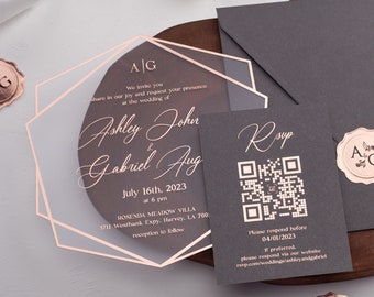 Rose Gold Foiled Acrylic Wedding Invitation, Acrylic Invitation with Rose Gold Foil, Gray Wedding Invite, Optional Rsvp Card with QR Code