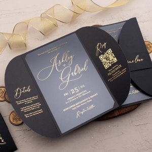Gold Foil Black Acrylic Wedding Invitation: Arch Gatefold Design