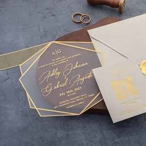 Foiled Acrylic Wedding Invitations: Ivory Envelope, Gold Monogram Seal