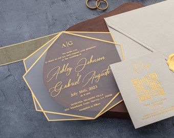 Foiled Acrylic Wedding invitations with ivory envelope, Luxury Acrylic Wedding Invitations, Ivory and Gold Foil Acrylic Wedding Invitations