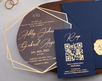 Navy Blue Acrylic Wedding Invitation, Acrylic Invitation with Gold Foil, Custom Wedding Card, Acrylic Invite, Optional QR Code Rsvp Card