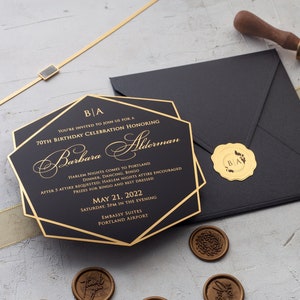 Custom Acrylic Birthday Invitations for Boys, Girls, Men & Women | Gold Foil Party Invite with Black Envelope, Black and Gold Elegance