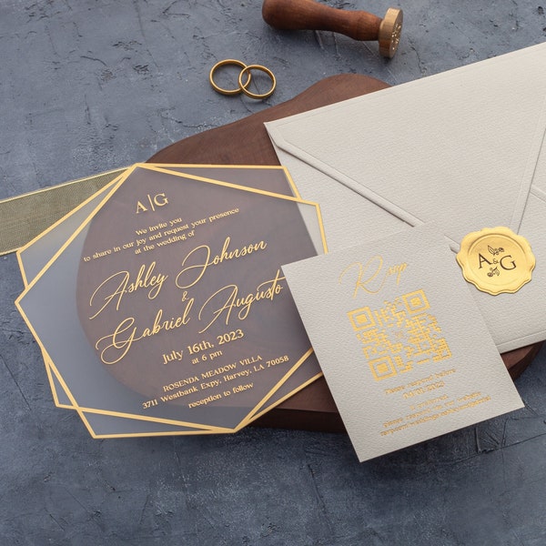 Custom Ivory and Gold Acrylic Wedding Invitations, Matte Hexagon Design and Gold Foil Print, RSVP card with QR code (Optionally)