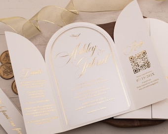 Ivory Acrylic Wedding Invitation — Gold Foil Arch Gatefold Design
