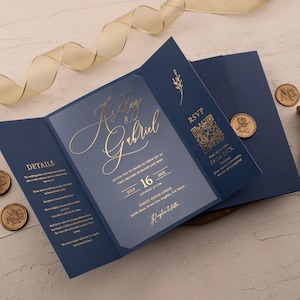 Navy Blue Acrylic Wedding Invitations, Folded Wedding Invitations with Gold Foil Print, Wedding Acrylic Invitation, Invitation Acrylic, Blue