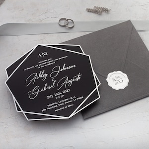 Luxe Black Acrylic Wedding Invitations | Silver Foil Elegance | Modern Transparent Invite | Customizable Chic Wedding Set