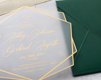 Luxury Acrylic Wedding Invitations, Emerald Green with Gold Foil Print, Modern Clear Invitation with Green Envelope, Custom Wedding Invite
