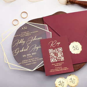 Burgundy Envelope Geometric Acrylic Wedding Invitation with Gold Foil