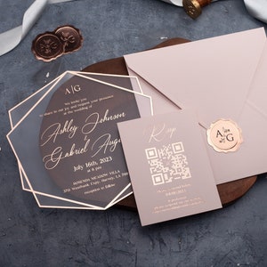 Rose Gold Acrylic Wedding Invitation, Acrylic Invitation with Rose Gold Foil, Custom Design Wedding Card, Optional QR Code Rsvp Card