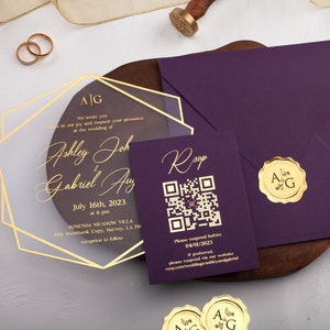 Faire-part de mariage en acrylique violet avec option RSVP personnalisée en feuille d'or, carte en lucite transparente, violet et or, faire-part de mariage géométrique,