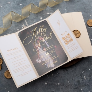 Ivory and Gold Acrylic Wedding Invitations, Elegant Folded Invitation Set, Clear Acrylic with Gold Foil Details, Luxury Wedding Cards, Luxe