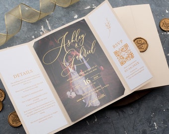 Acrylic Wedding Invitations, Ivory & Gold Foil Folded Suite