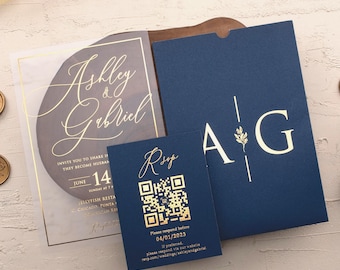 Navy Blue Acrylic Wedding Invitations, Gold Foil QR Code Invitation Set