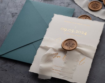 Handmade Paper Wedding Invitations, Deckle Edge with Gold Foil