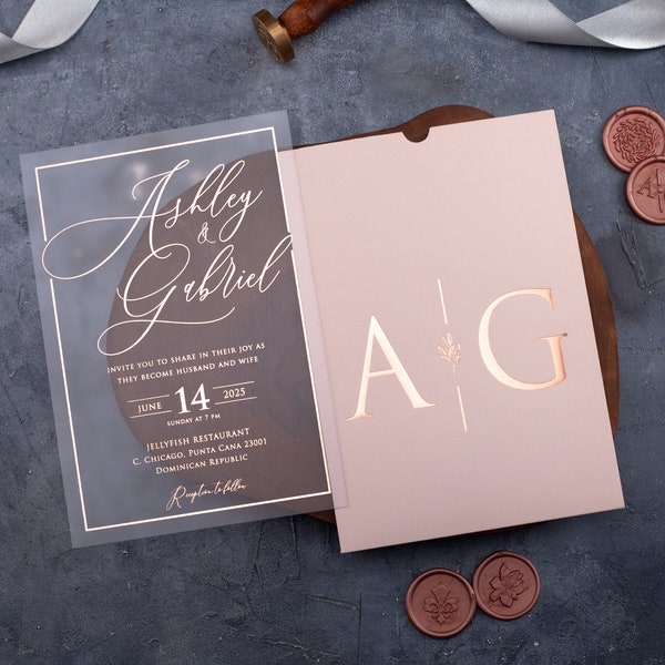 Rose Gold Foiled Acrylic Wedding Invitation, Set is Optional, Acrylic Invitation with Rose Gold Foil, Pink Sleeve Envelope and Acrylic Card