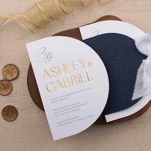 Navy Blue Gold Wedding Invitations with QR Code | Modern Elegant Suite