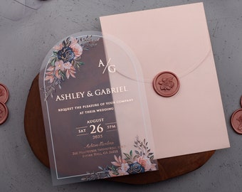 Rose Gold Acrylic Wedding Invitation, Acrylic Invitation with Rose Gold Foil, Custom Design Wedding Card, Reception Card, Pink Invites