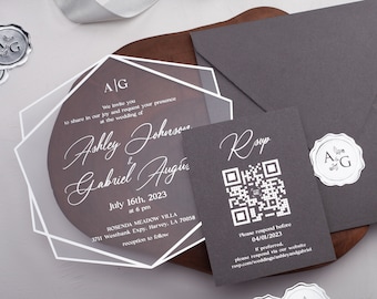 Modern Gray Acrylic Wedding Invitation with Silver Foil Custom Design, Reception Invite