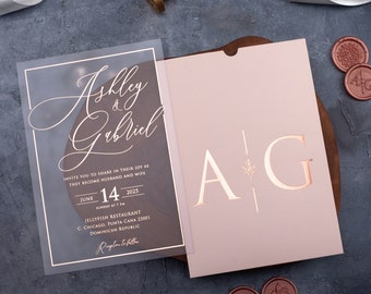 Rose Gold Foiled Acrylic Wedding Invitation, Set is Optional, Acrylic Invitation with Rose Gold Foil, Pink Sleeve Envelope and Acrylic Card