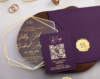 Purple Acrylic Wedding Invitation with Gold Foil Custom RSVP Option, Clear Lucite Card, Purple and Gold, Geometric Wedding Invitations,
