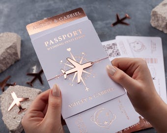 Rose Gold Passport Wedding Invitation — Destination Boarding Pass with Foil Details