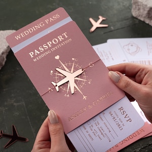 Passport Wedding Invitation with Rose Gold Foil and Folded Blush Pink Passport Cover, Rosegold Airplane Detailed