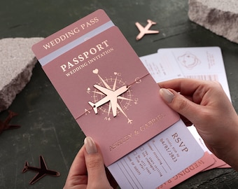 Passport Wedding Invitation with Rose Gold Foil and Folded Blush Pink Passport Cover, Rosegold Airplane Detailed