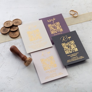 Carte RSVP moderne avec code QR, réponse de mariage en or, or rose et feuille d'argent, carte RSVP code QR, numérique, nouvelle carte de réponse, élégant