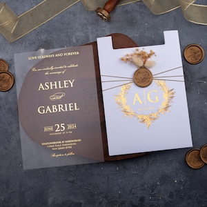 Faire-part de mariage en acrylique feuille d'or - Enveloppe blanche avec cachet de cire et fleurs séchées, faire-part de mariage transparent élégant, élégant et floral
