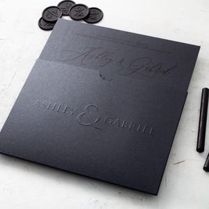 A black wedding invitation with copper script and a matching black envelope with embossed names are displayed on a white textured surface, accompanied by black wax seals and wax sticks.