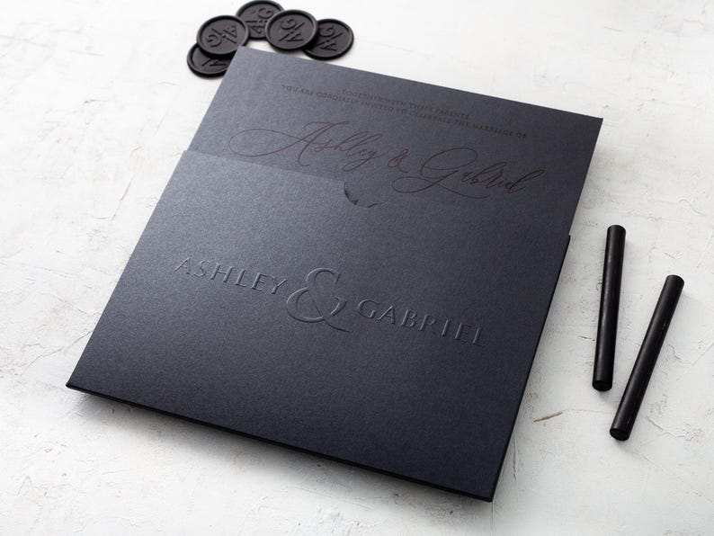 A black wedding invitation with copper script and a matching black envelope with embossed names are displayed on a white textured surface, accompanied by black wax seals and wax sticks.