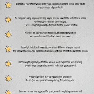 A white graphic with a yellow border titled "Order Processes" lists six points about customization, color options, and production details, each with a star icon.