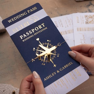 Navy Blue Boarding Pass Invitation, Navy Blue and gold passport wedding invitation, Destination Wedding, Passport with QR code Rsvp card