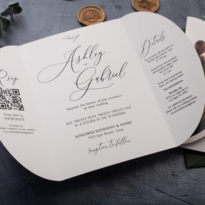 Gatefold wedding invitations with a couple photo, folded wedding invitations, wedding invites with a QR code for RSVPs and details
