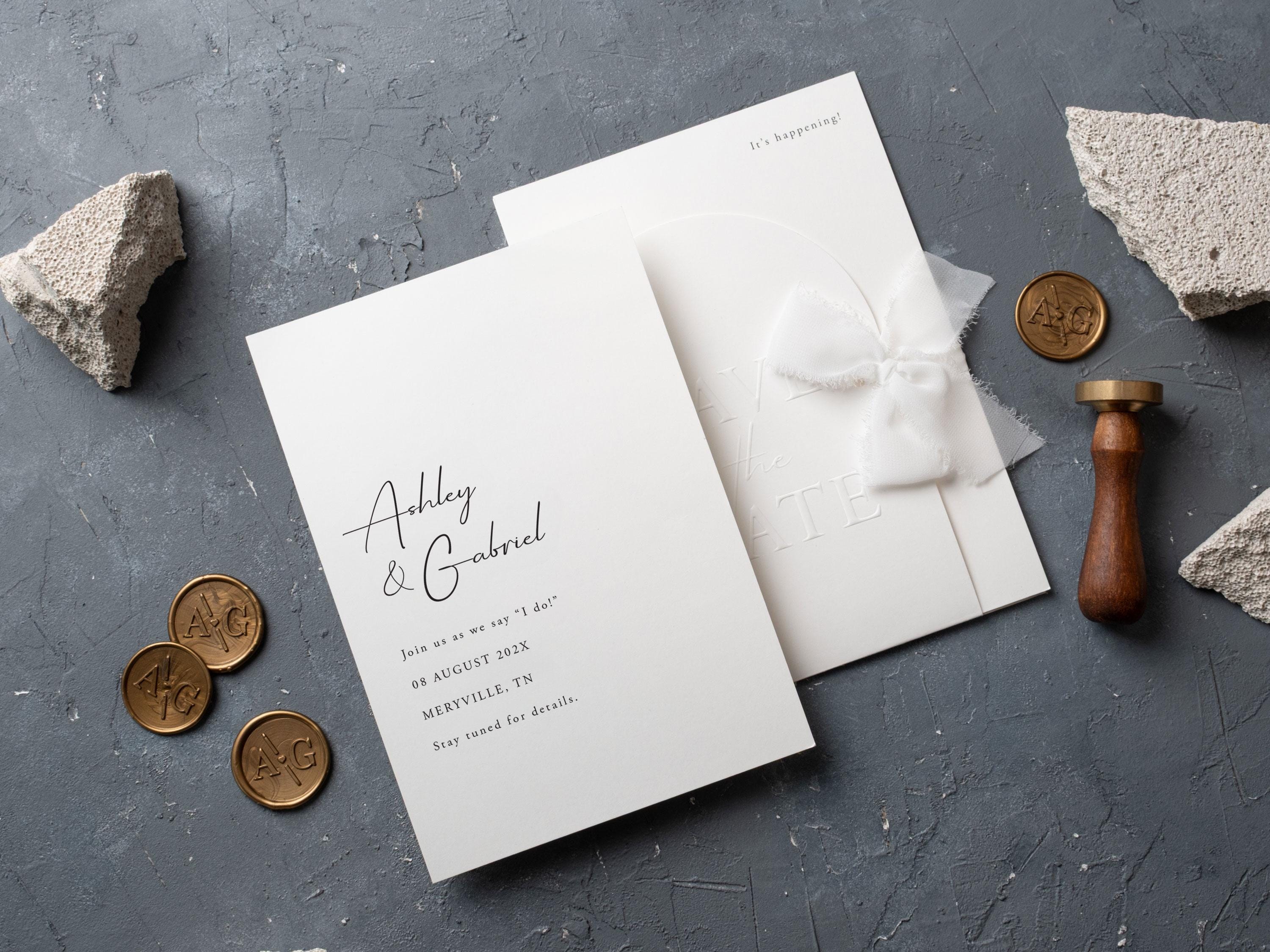 Embossed Save the Date Card: Minimalist White Ribbon Wedding Pre-Invite