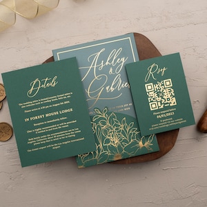 Emerald Green Acrylic Wedding Invitations: Gold Foil Floral Print