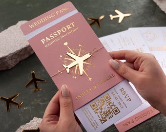 Wedding Passport Invite Boarding Pass Gold Foil Pink Cover Destination Travel Invitation Custom Personalized, Blush Pink Passport Invitation