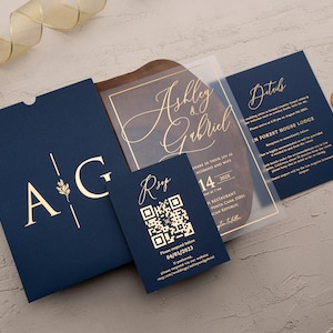 Clear acrylic wedding invitation with rose gold foil, navy blue sleeve envelope and optional QR RSVP and details cards.