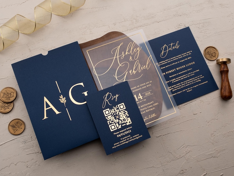 Clear acrylic wedding invitation with rose gold foil, navy blue sleeve envelope and optional QR RSVP and details cards.
